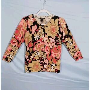 Peck & Peck Women's Small Multi-Color Floral 3/4 Sleeve Button Up Sweater Top
